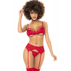 Ensemble 3 pièces rouge  Soutien gorge  porte jarretelles et string - MAL8726RED