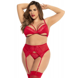 Ensemble 3 pièces rouge grande taille  Soutien gorge  porte jarretelles et string - MAL8726XRED